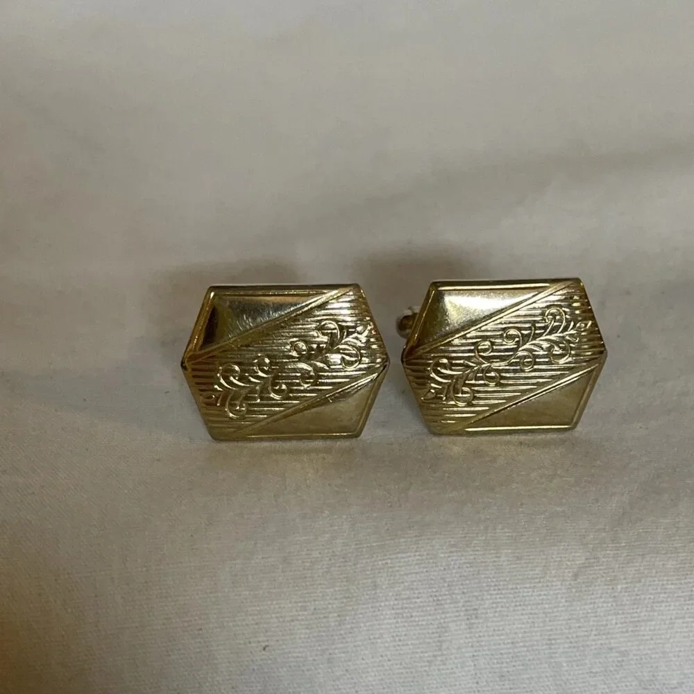 Mid Century Hexagon Scroll Design Cufflinks Vintage Gold Tone Bullet Backing